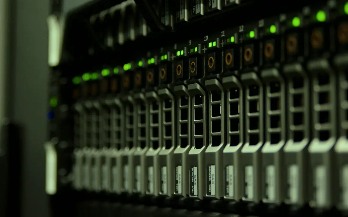 Rack of servers with green status lights
